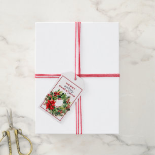 TRADITIONAL GREEN WREATH WITH RED BOW CHRISTMAS GIFT TAGS