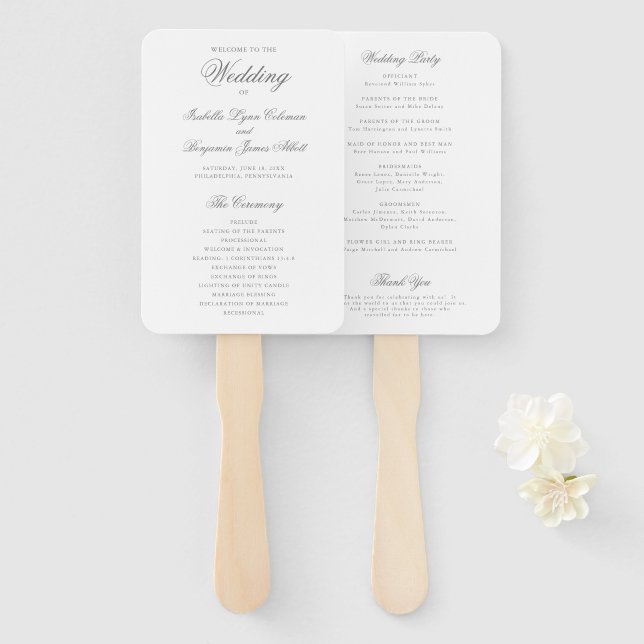 Traditional Grey Formal Elegant Wedding Program Hand Fan (Front and Back)
