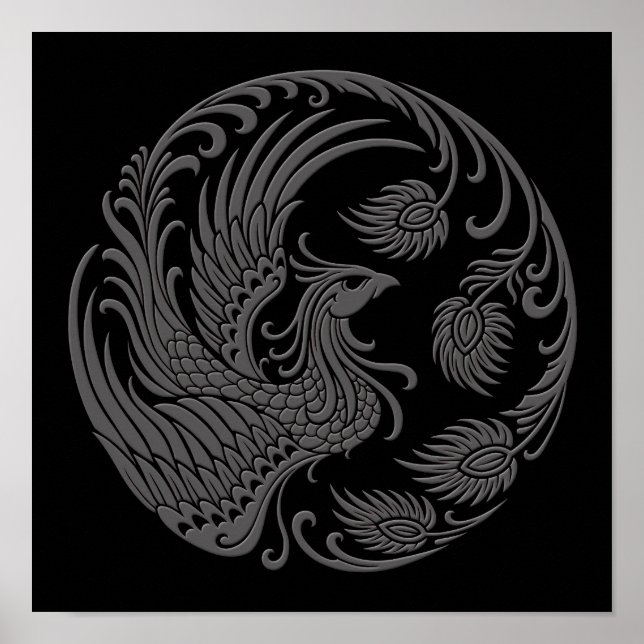 Traditional Grey Phoenix Circle on Black Poster (Front)