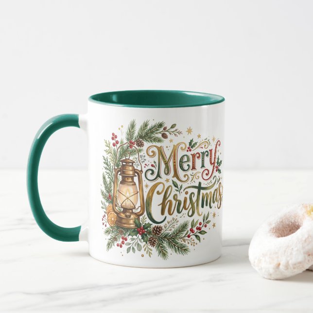 Traditional Hand Lettering Christmas Lantern Mug (With Donut)