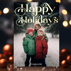 Traditional Happy Holidays Minimal 1 Photo Elegant Foil Holiday Postcard