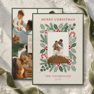 Traditional Holly Frame Family Photo Christmas Holiday Card