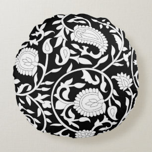 Traditional indian paisley pattern on black and wh round cushion
