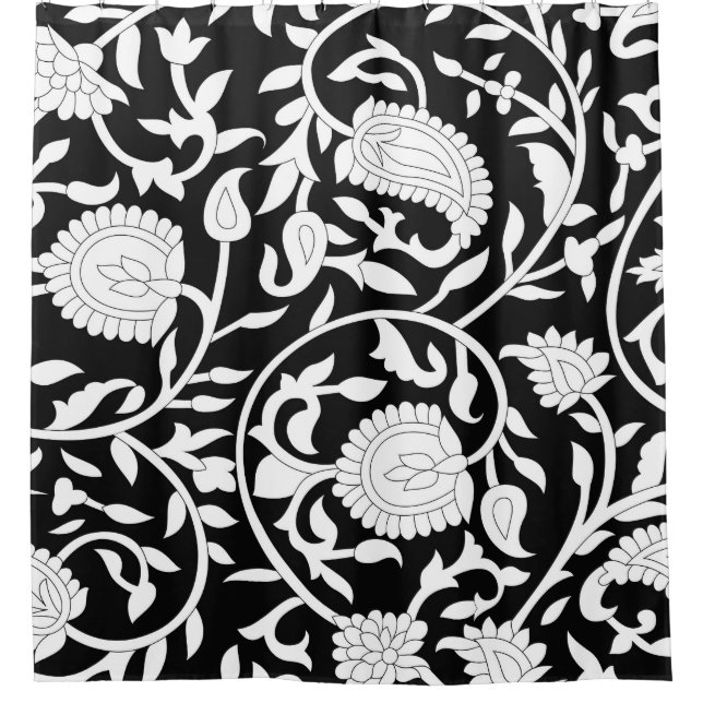Traditional indian paisley pattern on black and wh shower curtain (Front)