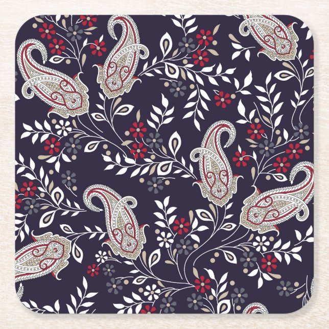Traditional Indian paisley, seamless pattern. Square Paper Coaster (Front)