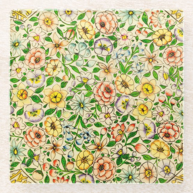 Traditional Indian Spring Floral Design Glass Coaster (Front)