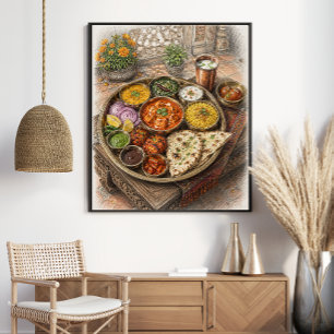 Traditional Indian Thali Feast Colored Sketch Poster