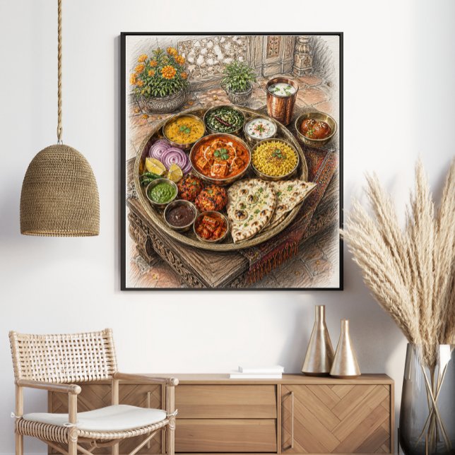 Traditional Indian Thali Feast Coloured Sketch Poster (Creator Uploaded)