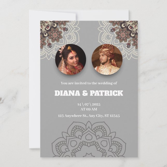 Traditional Indian Wedding Invitation in Grey Grad (Front)