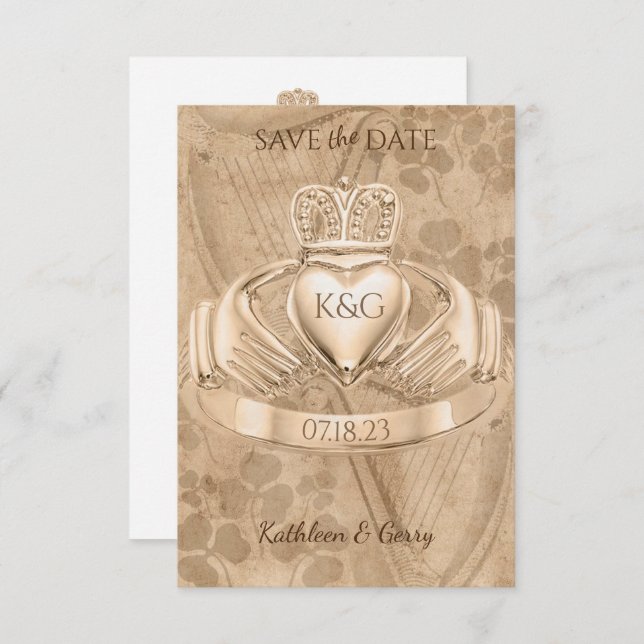 Traditional Irish Claddagh Ring Shamrock & Harp Save The Date (Front/Back)