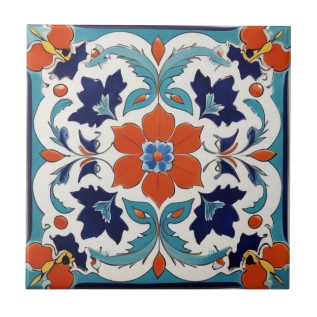 Traditional Iznik Turkish Classic Floral Red Blue Tile (Front)