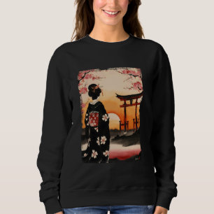 Traditional Japan Themed Sumi Ink Geisha Art Sweatshirt