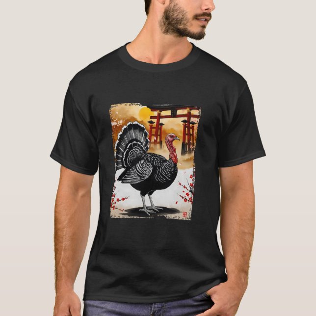 Traditional Japan Themed Sumi Ink Turkey Art T Shi T-Shirt (Front)