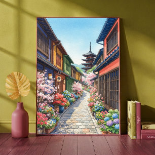 Traditional Japanese Alleyway Pagoda Watercolor Poster