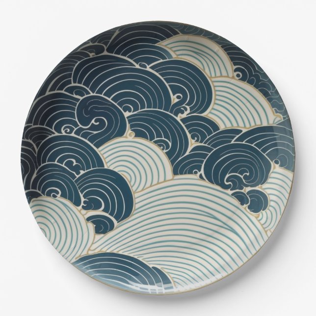 Traditional Japanese Blue Wave Ceramic Design Paper Plate (Front)