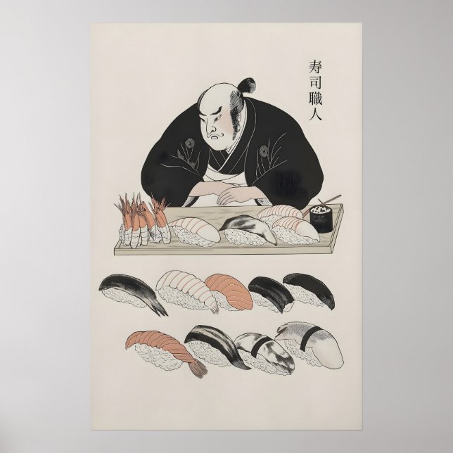 Traditional Japanese Chef & Assorted Sushi Art Poster (Front)