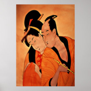 Traditional Japanese Couple in Orange Poster