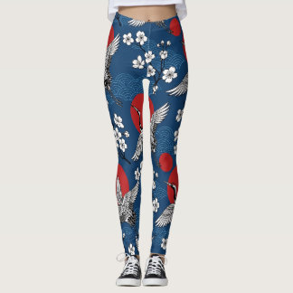 Traditional Japanese Crane and Sakura Zen Pattern Leggings