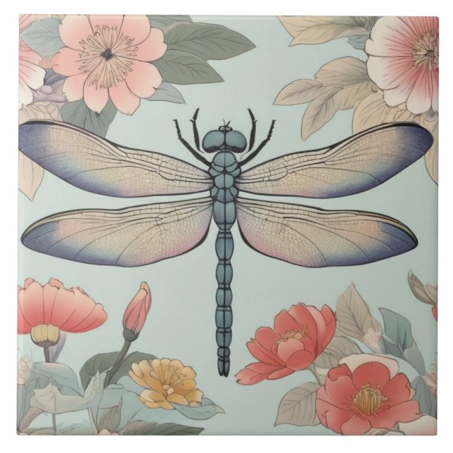 Traditional Japanese Dragonfly Art Floral Mint Tile (Front)