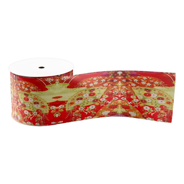 Traditional Japanese Kimono  Gold Red Floral  Grosgrain Ribbon (Spool)