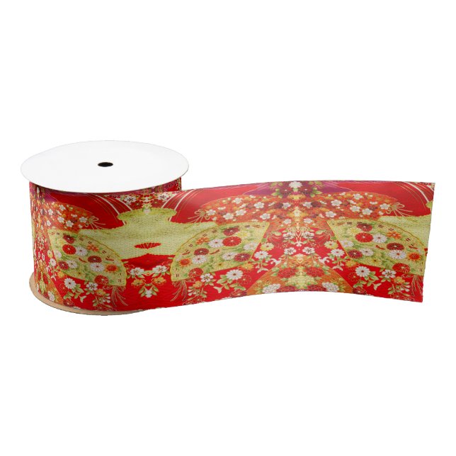 Traditional Japanese Kimono  Gold Red Floral  Satin Ribbon (Spool)