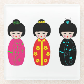Traditional Japanese Kokeshi Geisha Dolls Glass Coaster