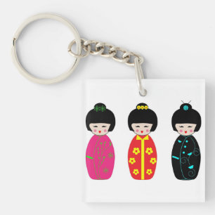 Traditional Japanese Kokeshi Geisha Dolls Key Ring