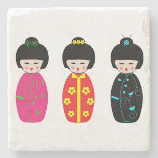 Traditional Japanese Kokeshi Geisha Dolls Stone Coaster