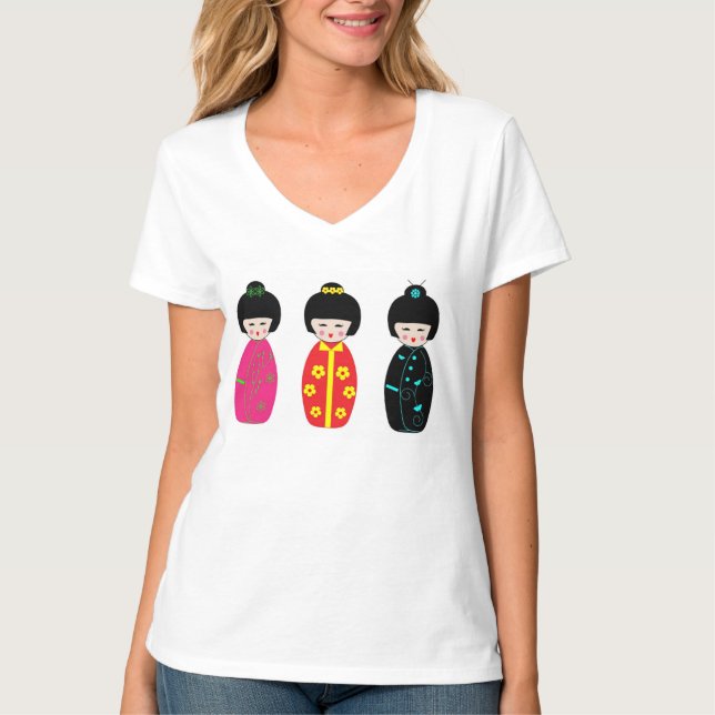Traditional Japanese Kokeshi Geisha Dolls T-Shirt (Front)