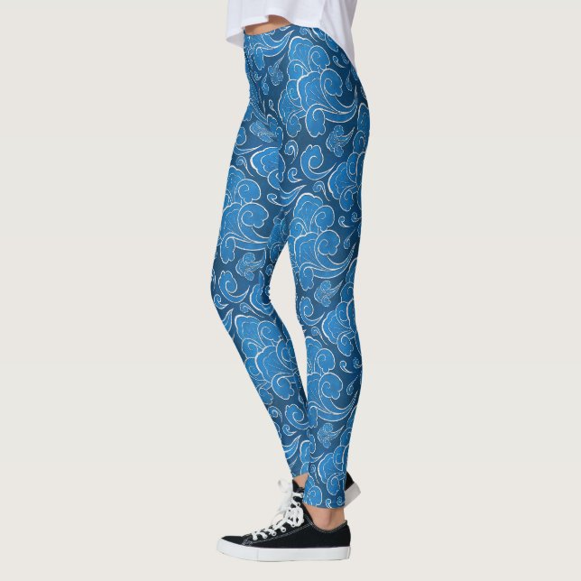 Traditional Japanese Style Wind Pattern Blue Leggings (Left)