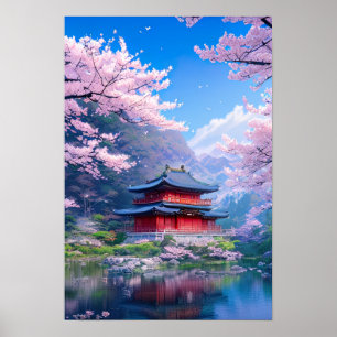 Traditional Japanese Temple by the Calm Lake Poster
