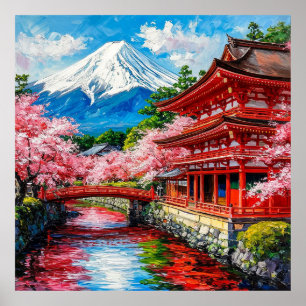 Traditional Japanese Temple with Cherry Blooms Poster
