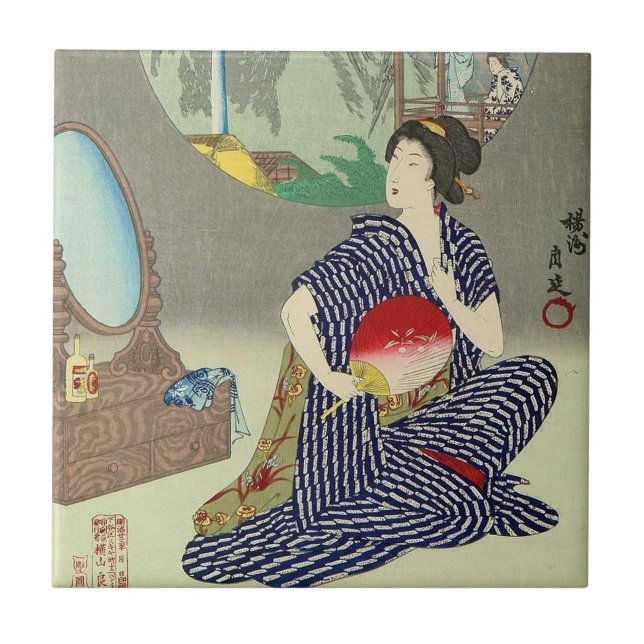Traditional Japanese Woodprint Geisha Ceramic Tile (Front)