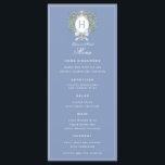 Traditional Leaf Crest w/ Bow | Monogram Blue Menu<br><div class="desc">The elegant watercolor monogram crest gives this wedding menu a beautiful and timeless look that any sophisticated bride will love.  Personalise with your initial inside the crest. All text can be edited.

Colours include,  light blue,  green,  golden yellow and tan.</div>