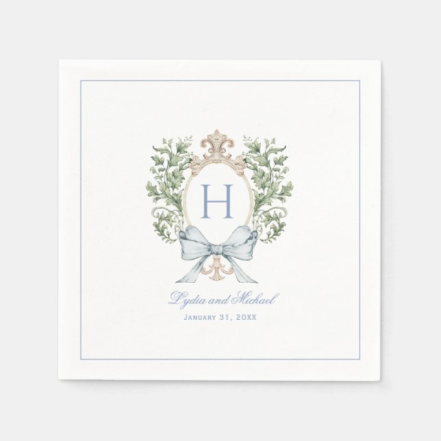 Traditional Leaf Crest w/ Bow | Monogram Wedding Napkin (Front)