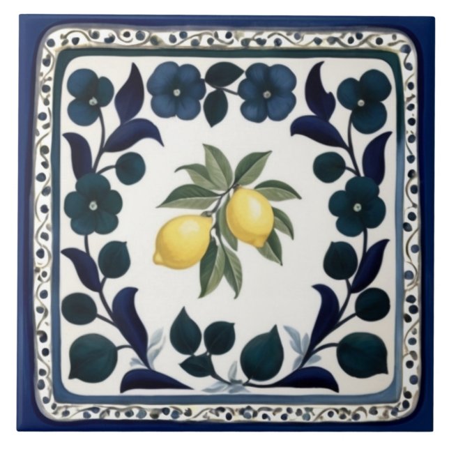 Traditional Lemons Dark Blue and White Floral Tile (Front)