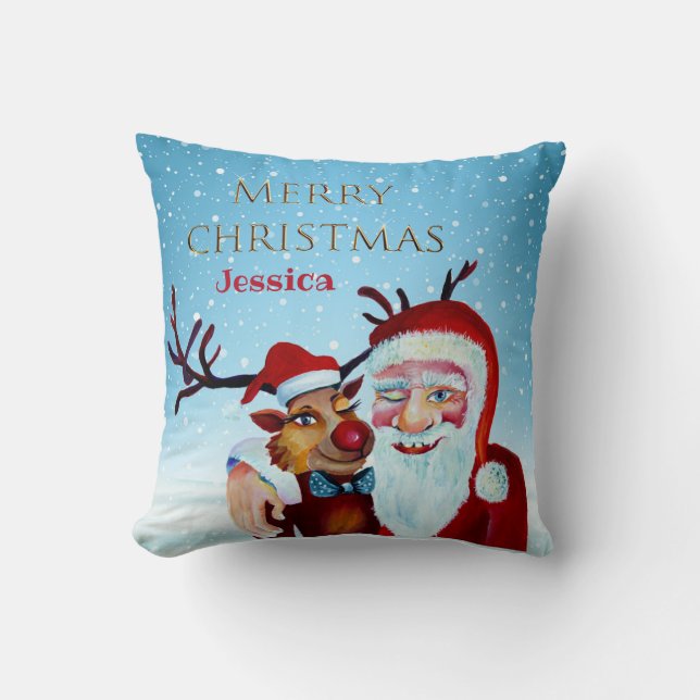 Traditional Magical Santa Claus   Smiling Rudolf Cushion (Front)