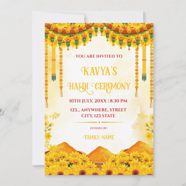 Traditional Marigold Floral Haldi Ceremony Invite (Front)