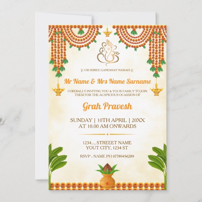 Traditional Marigold & Kalash Housewarming Invite (Front)