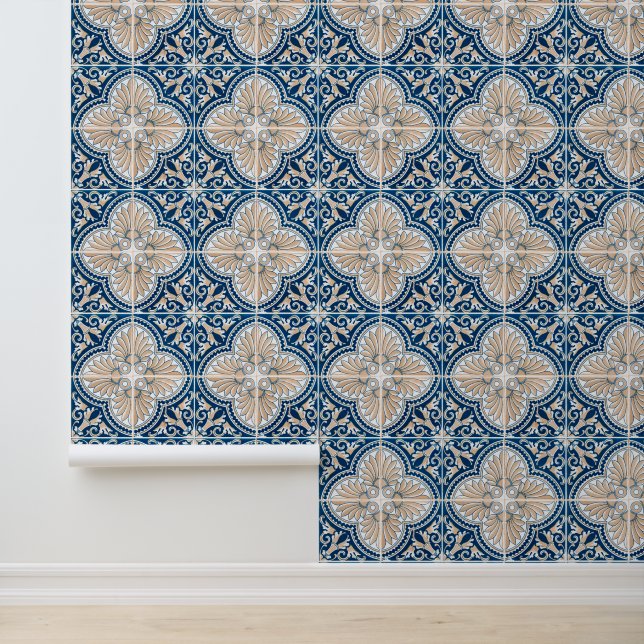 Traditional Mediterranean Blue and Tan Tile  Wallpaper (Application)