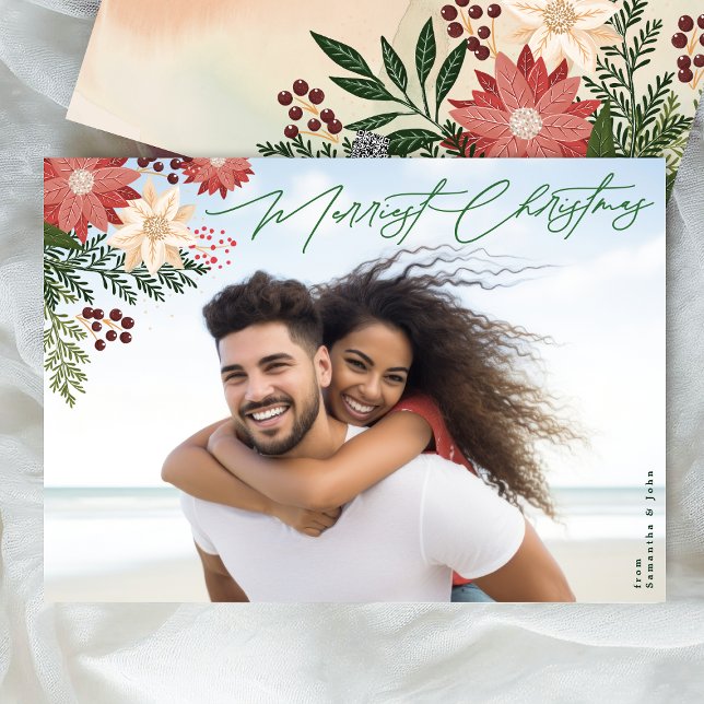 Traditional Merriest Christmas Poinsettia Photo  Holiday Card (Creator Uploaded)