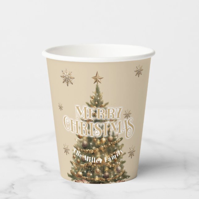 Traditional Merry Christmas Antique Gold Custom Paper Cups (Front)