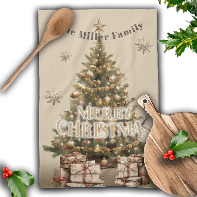 Traditional Merry Christmas Antique Gold Custom Tea Towel (Creator Uploaded)