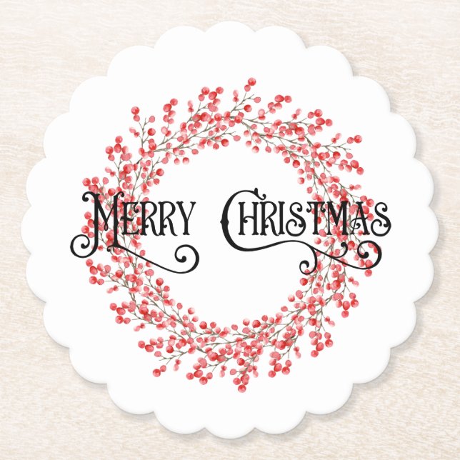 Traditional Merry Christmas Greeting Berry Wreath Paper Coaster (Front)