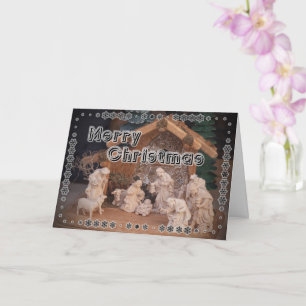 Traditional Merry Christmas wooden nativity scene Card