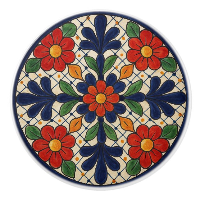 Traditional Mexican Talavera Floral Ceramic Knob (Front)