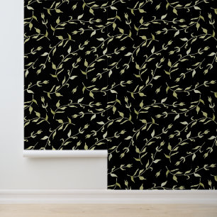 Traditional Minimal Green Leaf Pattern on Black Wallpaper
