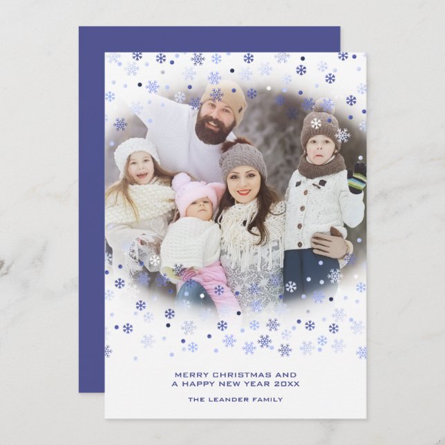 Traditional Minimalist Blue Snowflakes Photo  Holiday Card (Front/Back)