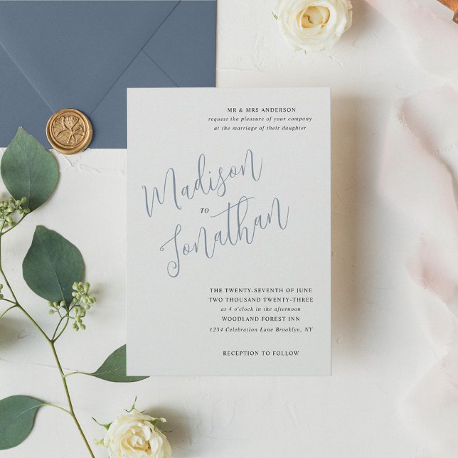 Traditional Modern Script Dusty Blue Wedding Invitation (Creator Uploaded)