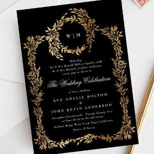 Traditional Monogram Black Crest Classic Wedding Invitation